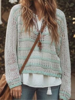 Free People Mint & Gray Open-Knit Crew Sweater